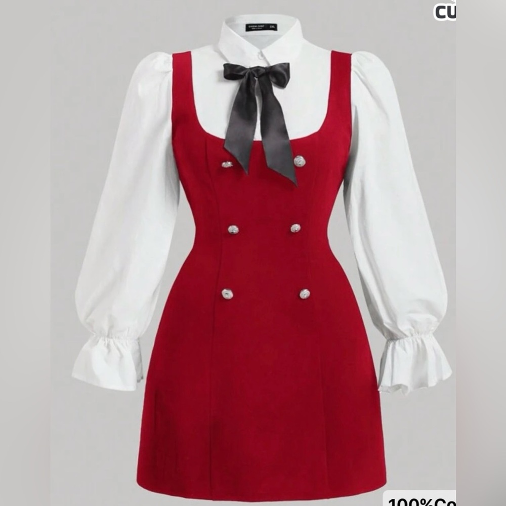 Red Double-Breasted Blazer Jumper Dress with Bow